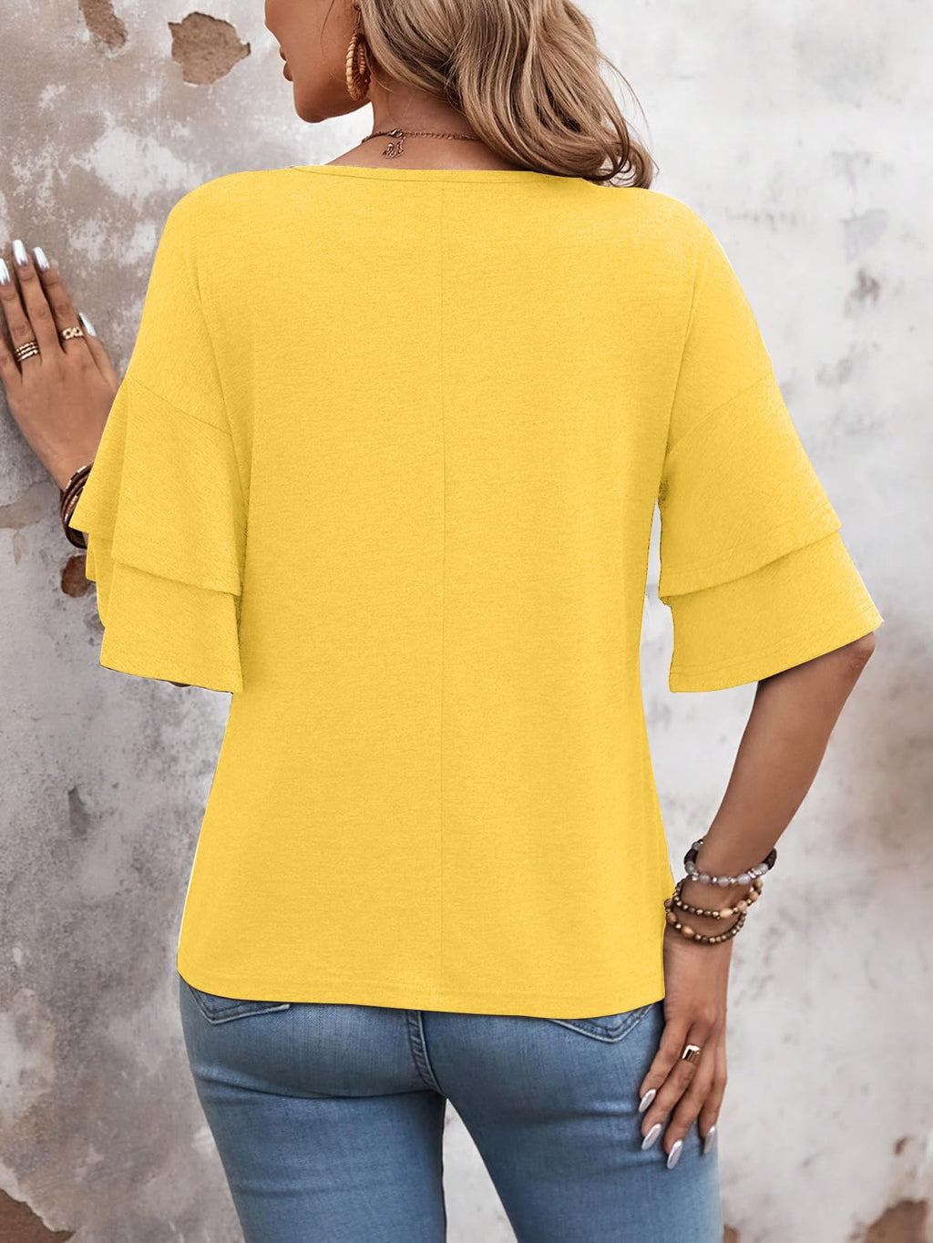 Sialois 3/4 Length Sleeve Tops Womens Blouses Ruffle V Neck Shirts Casual Tunic Spring Fall Clothes