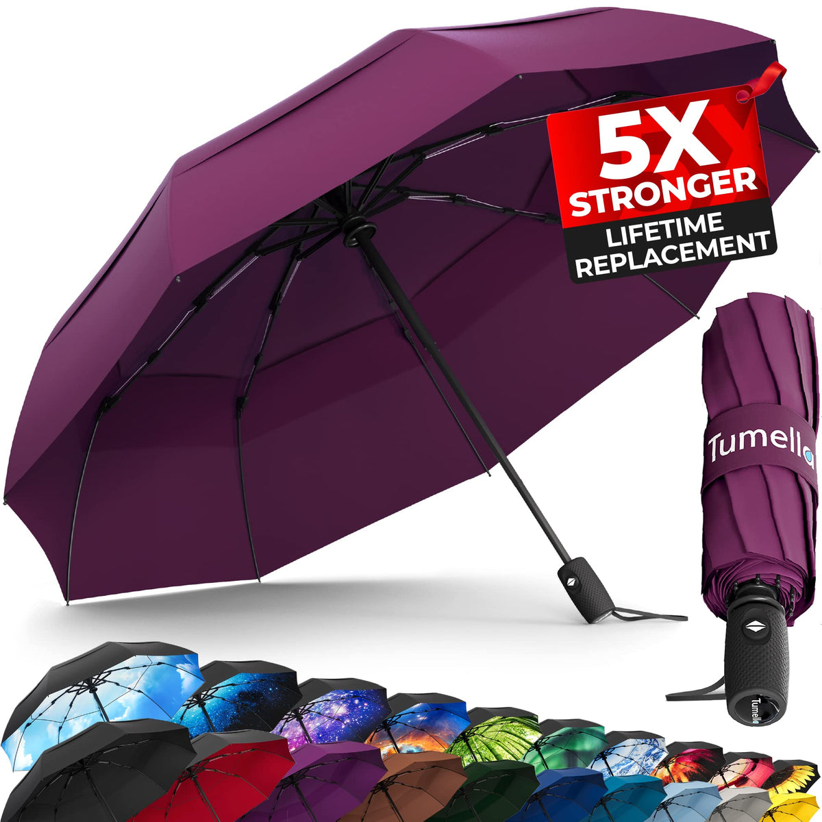 TUMELLA Strongest Windproof Travel Umbrella (Compact, 100MPH Wind-Tested), Light, Portable, One-Handed Use, Automatic Folding Rain Umbrella, Durable, Premium Grip, Fits Car & Backpack