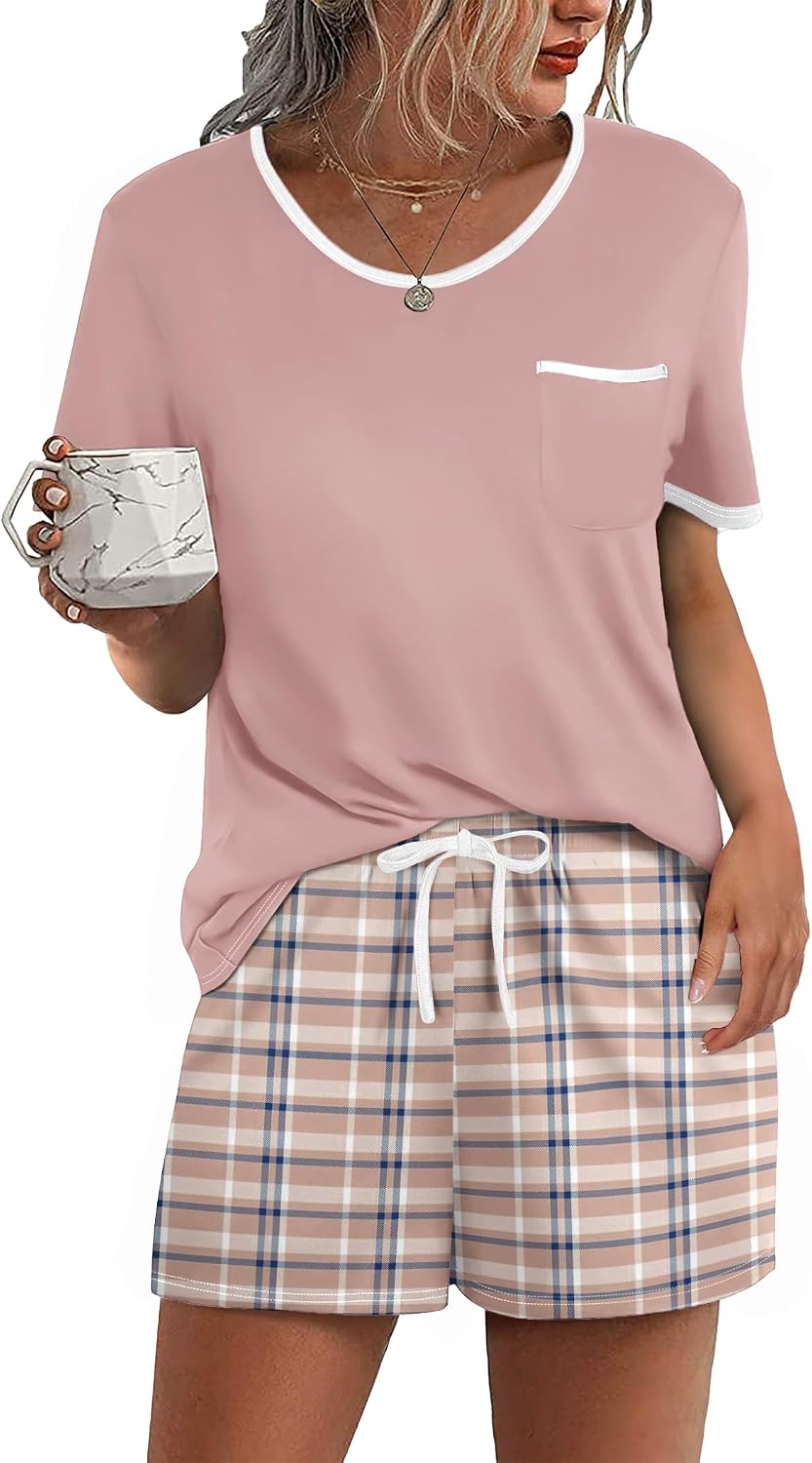 Ekouaer Pajamas for Womens Set 2 Piece Soft Sleepwear, Chest Pocket | Comfy Pjs, Casual Lounge Set, Short Sleeve Tops and Drawstring Shorts, Loungewear for Spring Summer Fall Winter