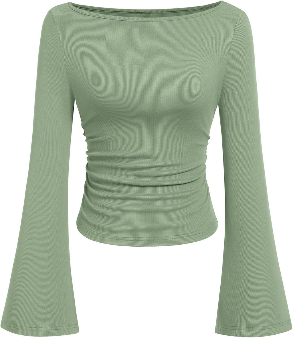 PRETTYGARDEN Womens Bell Long Sleeve Ribbed Knit Tops