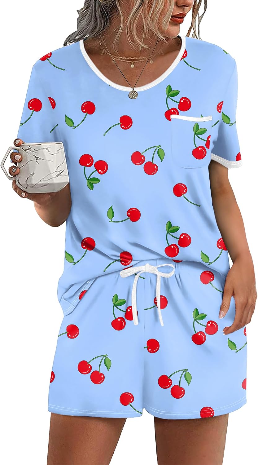 Ekouaer Pajamas for Womens Set 2 Piece Soft Sleepwear, Chest Pocket | Comfy Pjs, Casual Lounge Set, Short Sleeve Tops and Drawstring Shorts, Loungewear for Spring Summer Fall Winter
