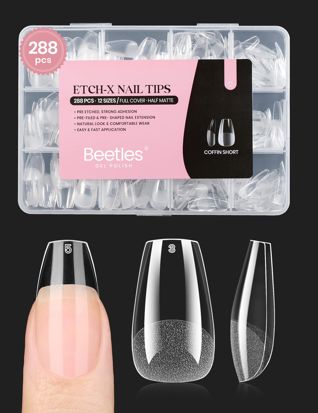 Beetles Soft Gel Nail Tips Short Almond 288pcs in 12 Sizes Etch-X | Pre-Etched Full Cover Acrylic Fake Nails, Salon Quality Nail Supplies, Easy DIY Extension Press On Nails, Gift for Women