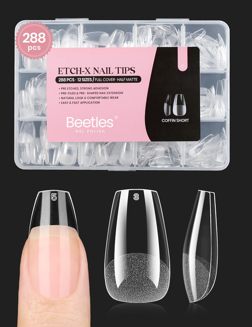 Beetles Soft Gel Nail Tips Short Almond 288pcs in 12 Sizes Etch-X | Pre-Etched Full Cover Acrylic Fake Nails, Salon Quality Nail Supplies, Easy DIY Extension Press On Nails, Gift for Women