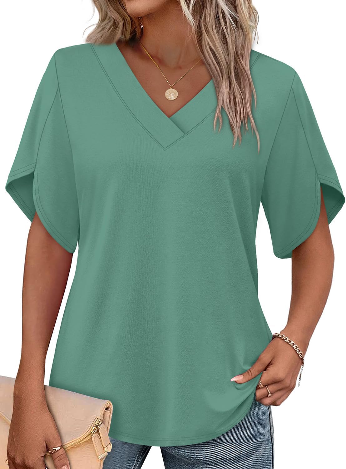 WIHOLL Womens Summer Tops Short Petal Sleeve Shirts Fashion V Neck Womens Clothing
