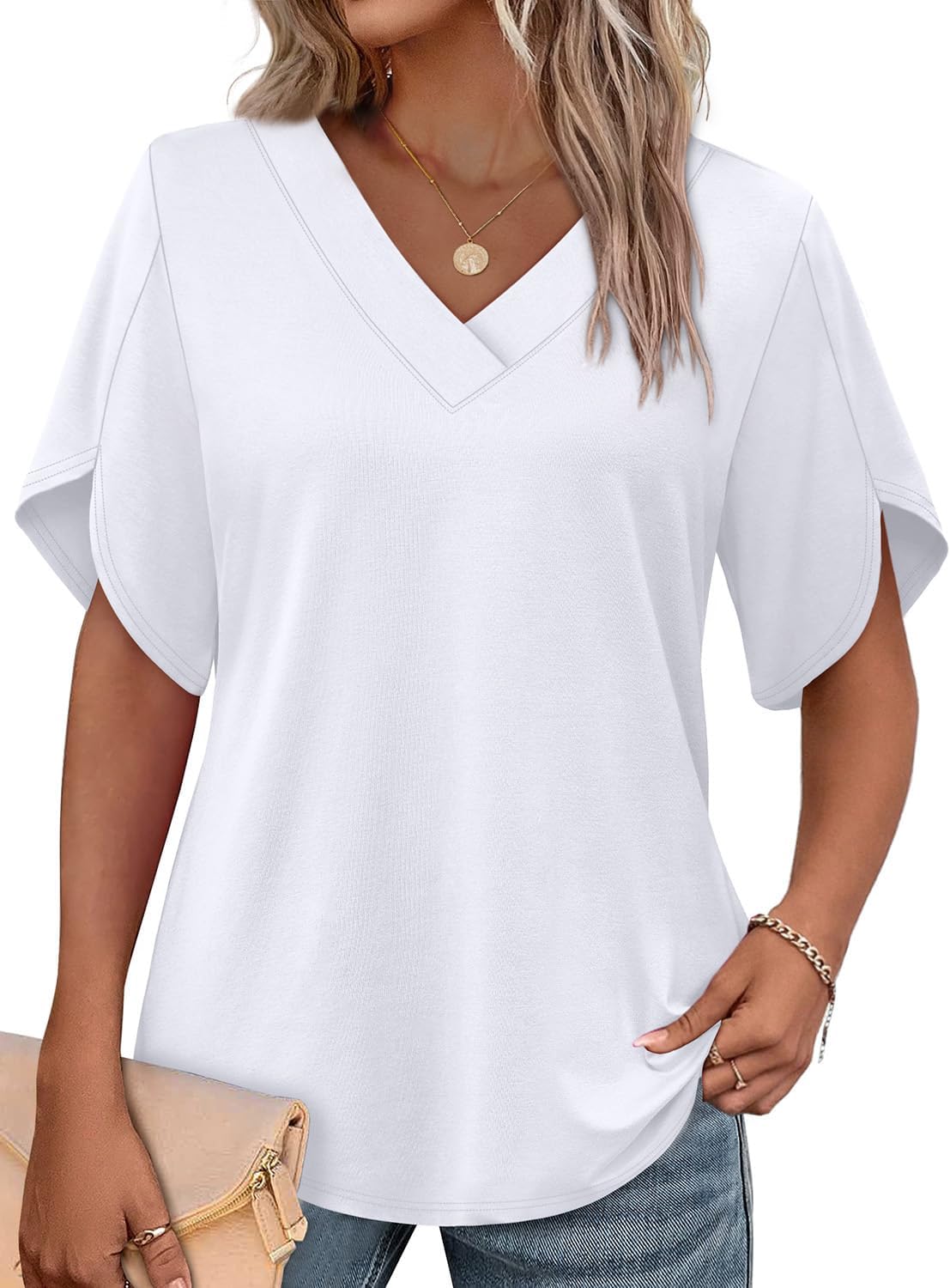 WIHOLL Womens Summer Tops Short Petal Sleeve Shirts Fashion V Neck Womens Clothing