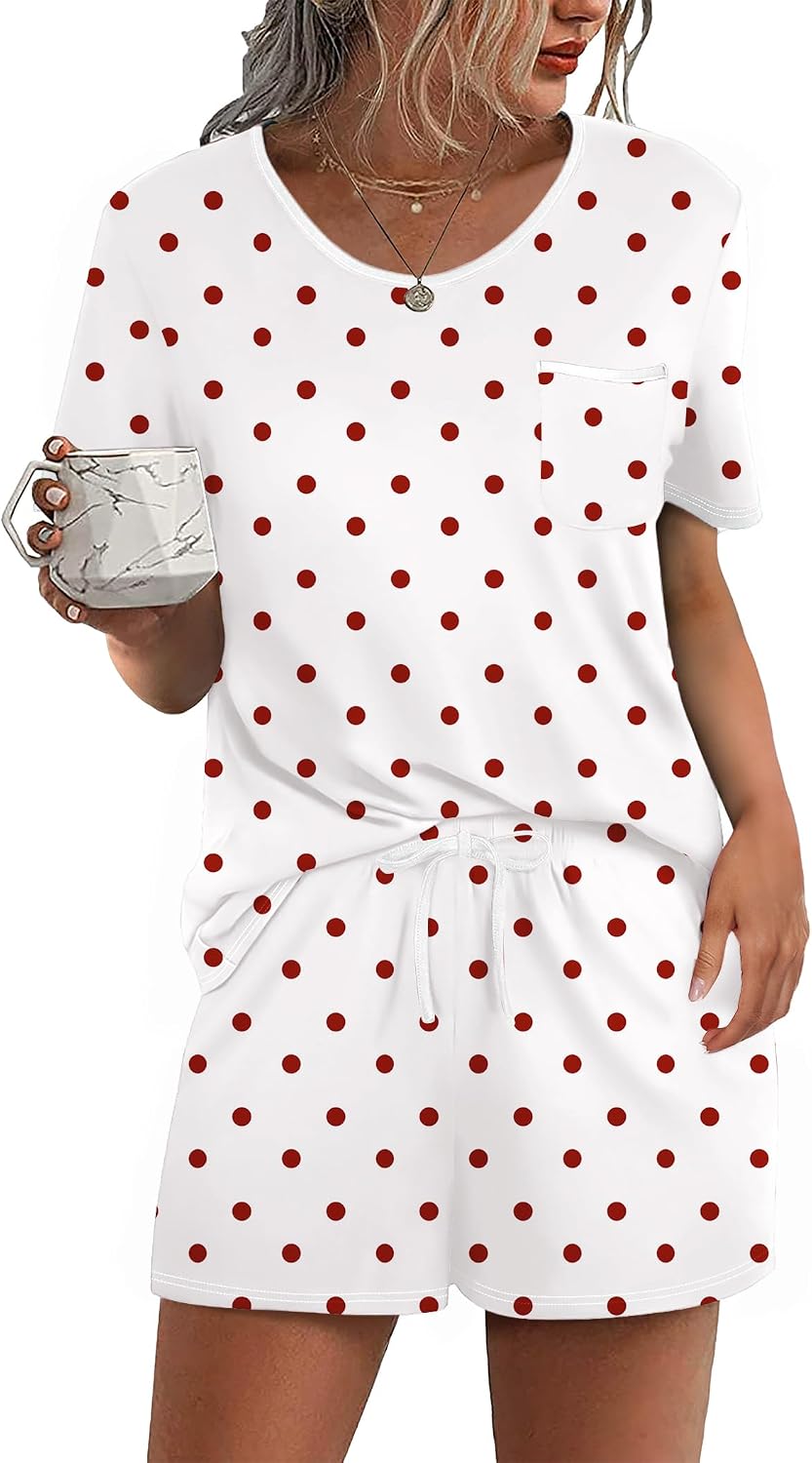 Ekouaer Pajamas for Womens Set 2 Piece Soft Sleepwear, Chest Pocket | Comfy Pjs, Casual Lounge Set, Short Sleeve Tops and Drawstring Shorts, Loungewear for Spring Summer Fall Winter