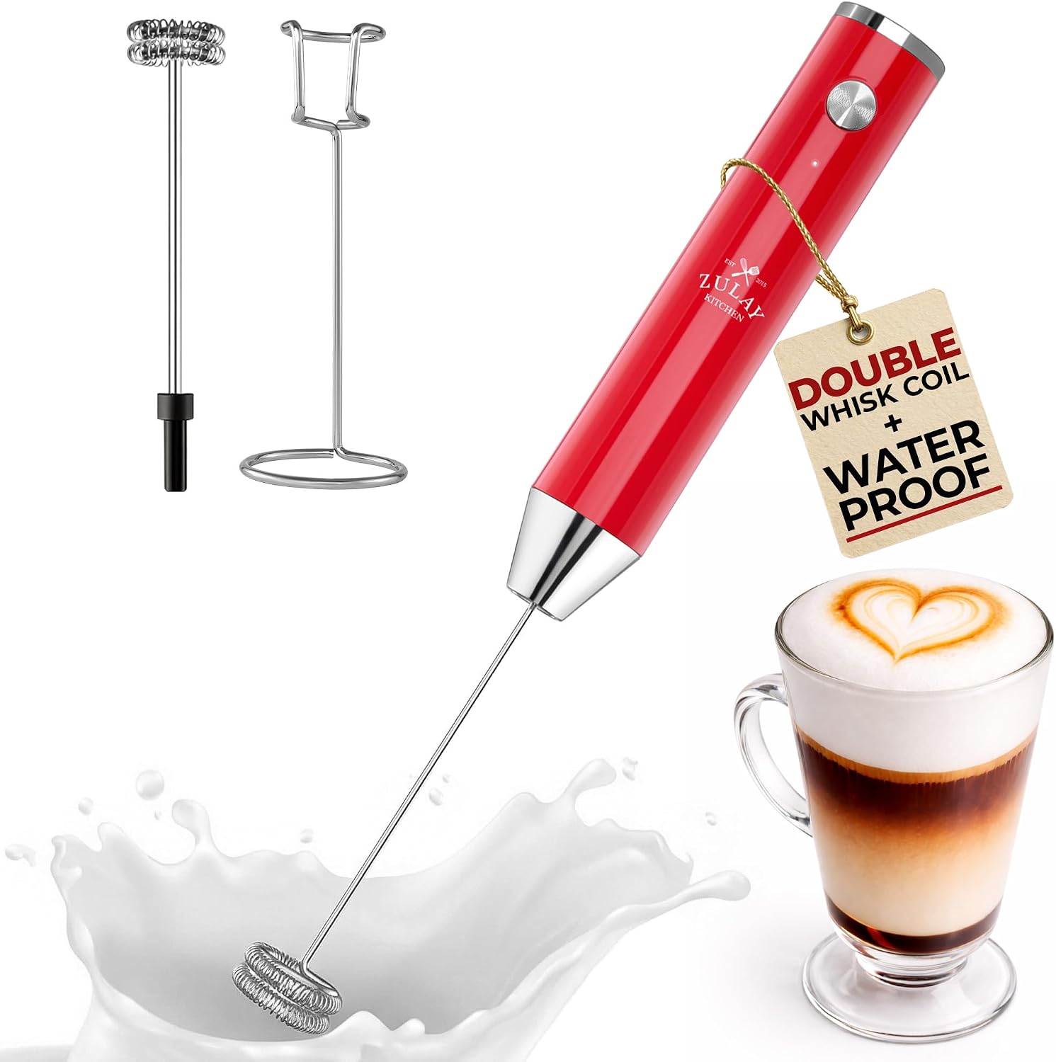 Zulay Kitchen Powerful Milk Frother Wand With Duracell Batteries - Ultra Fast Handheld Drink Mixer - Electric Whisk Foam Maker for Coffee, Lattes, Cappuccino & Matcha - Triple Whisk - Pale Cloud