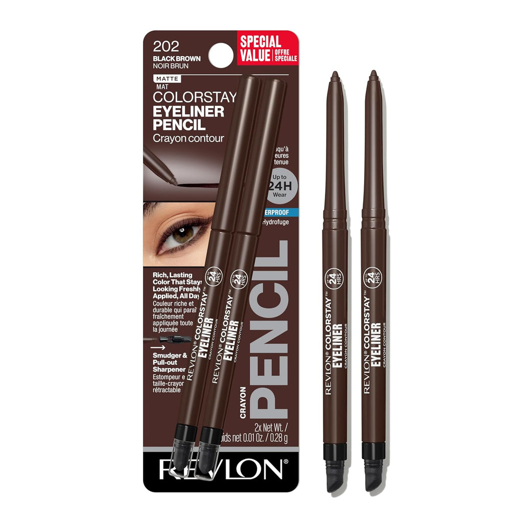 Revlon ColorStay Pencil Waterproof Eyeliner, 201 Black, 2 pack | Waterproof pencil eyeliner with built-in sharpener. Smudge-proof, long-lasting, intense matte color.