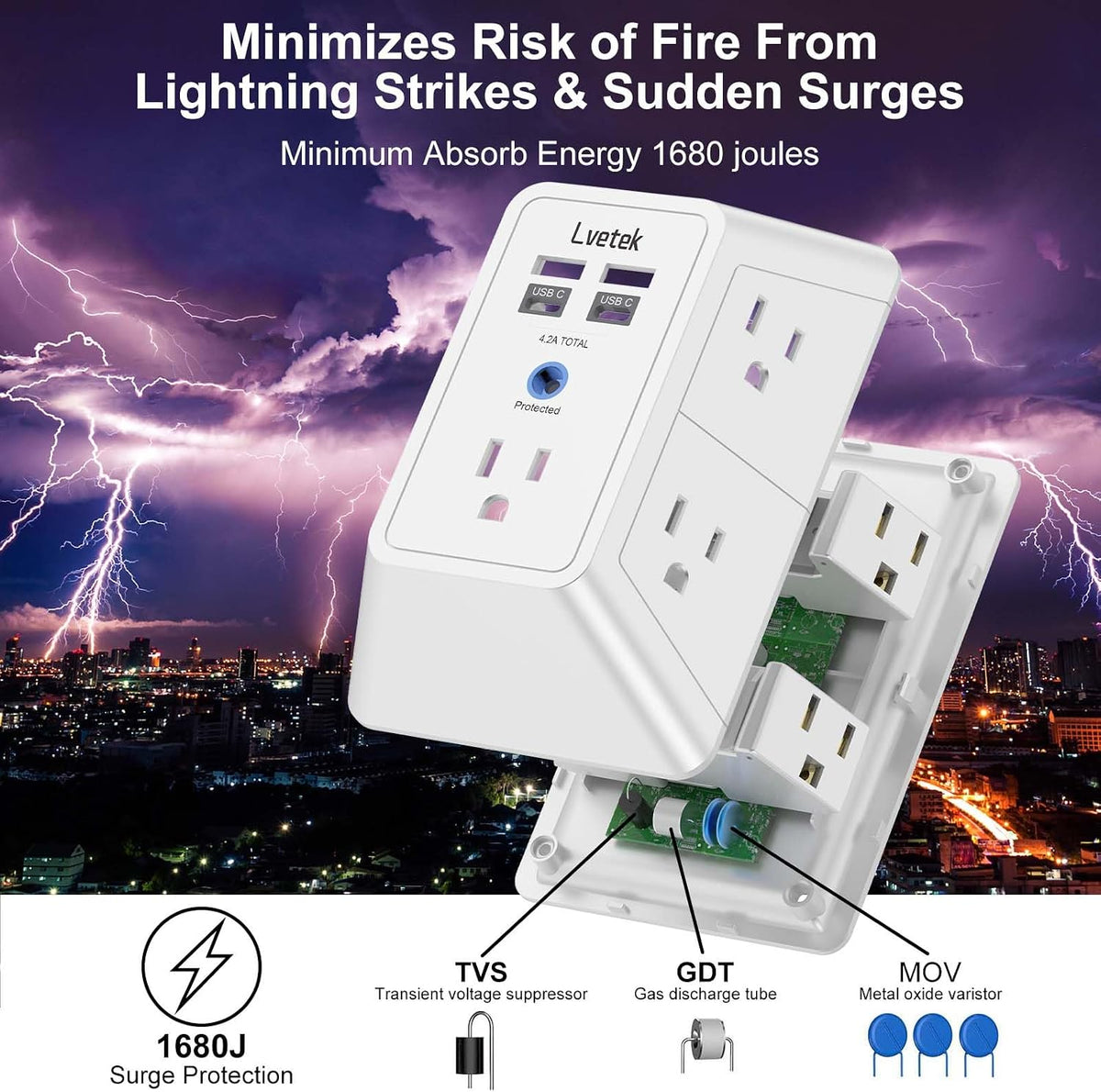 5 Outlet Extender Multi Plug Wall Outlets with 4 USB Charging Ports (1 USB C Outlet), 3 Sided 1680J Surge Protector Power Strip USB Wall Charger for Home, Office, Travel, ETL Listed, White