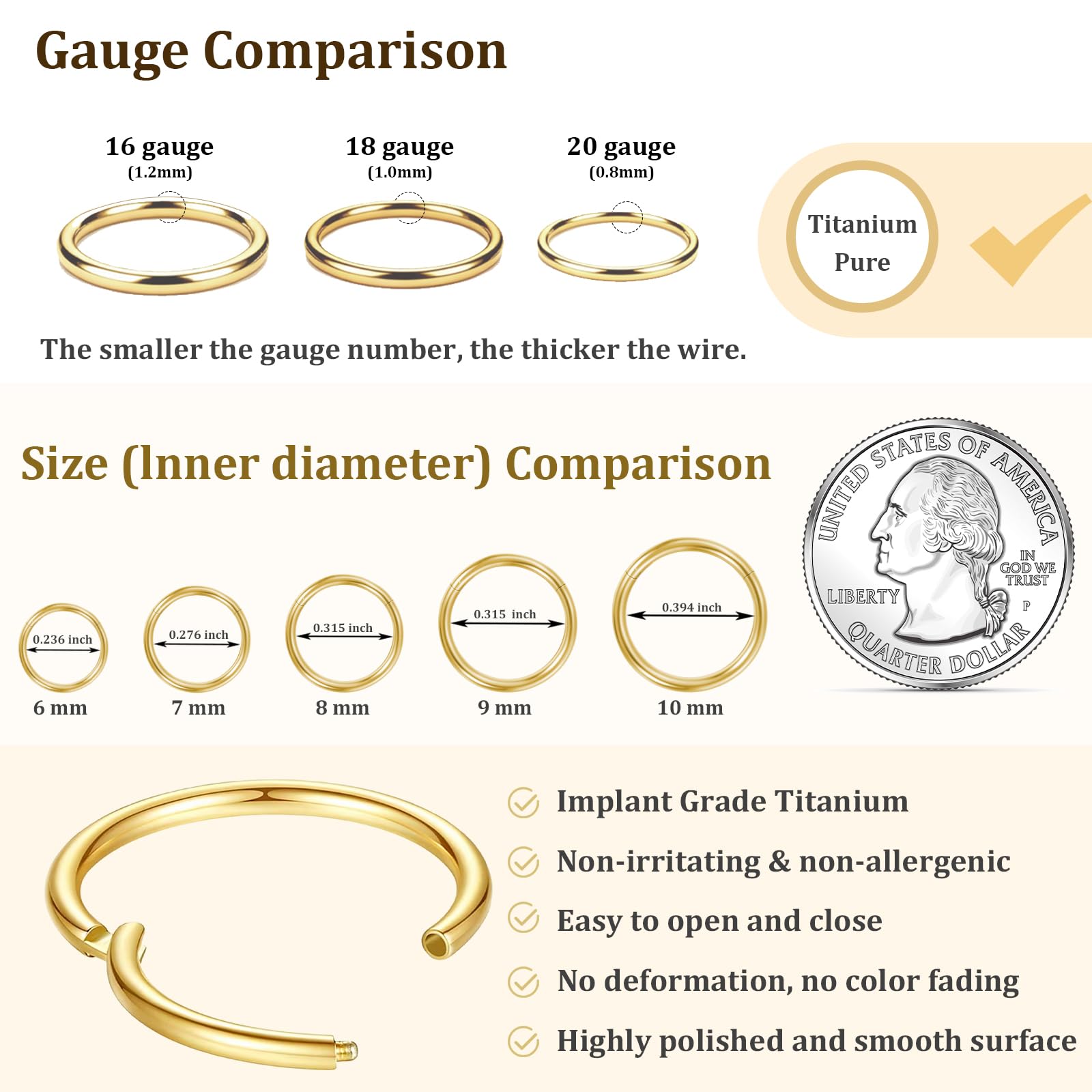 20G 18G 16G Titanium Nose Ring Hoop, Cartilage Hoop Earrings for Women Men Silver Gold Nose Ring Septum Ring Tragus Conch Helix Daith Lip Piercing Jewelry 6mm/7mm/8mm/9mm/10mm