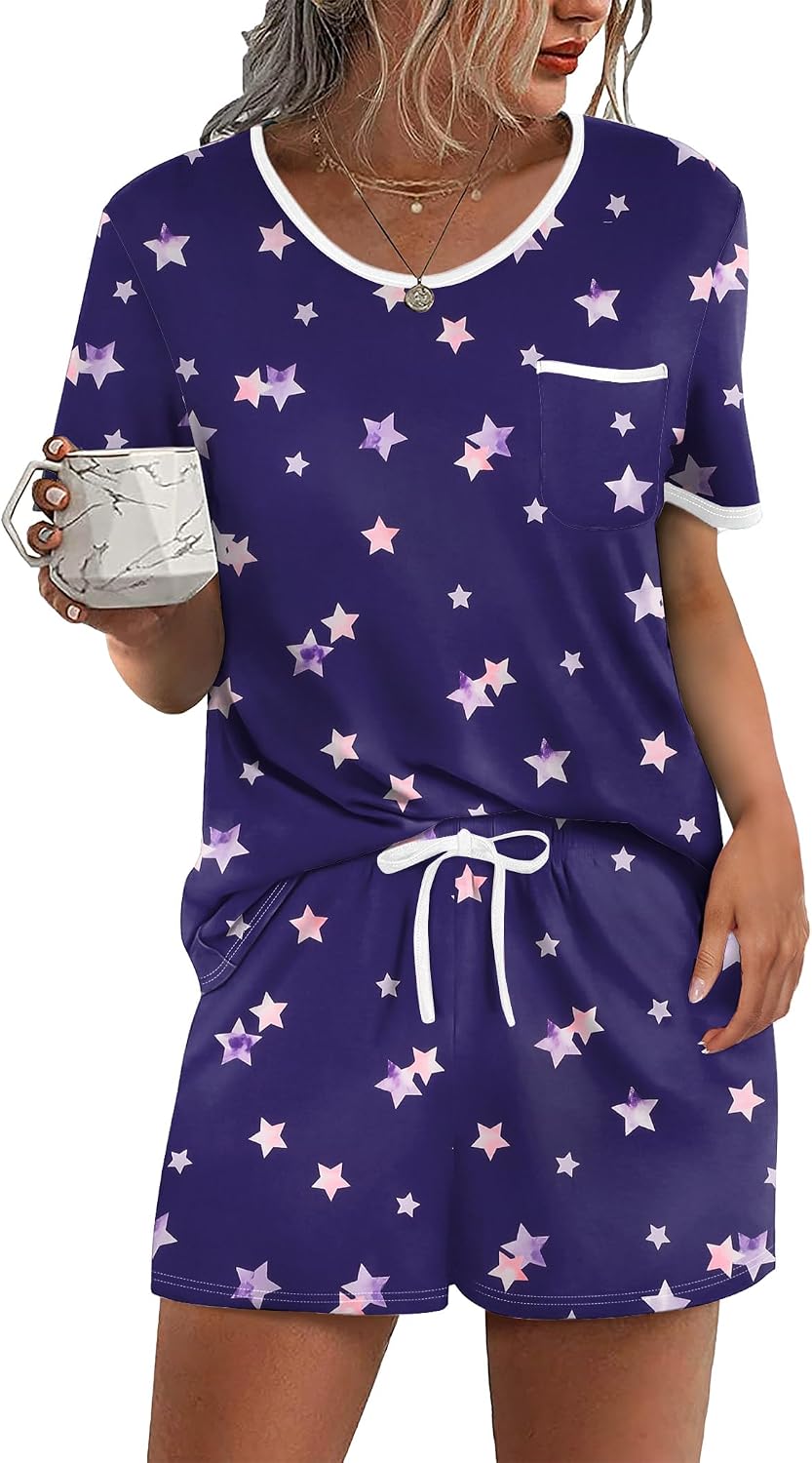 Ekouaer Pajamas for Womens Set 2 Piece Soft Sleepwear, Chest Pocket | Comfy Pjs, Casual Lounge Set, Short Sleeve Tops and Drawstring Shorts, Loungewear for Spring Summer Fall Winter