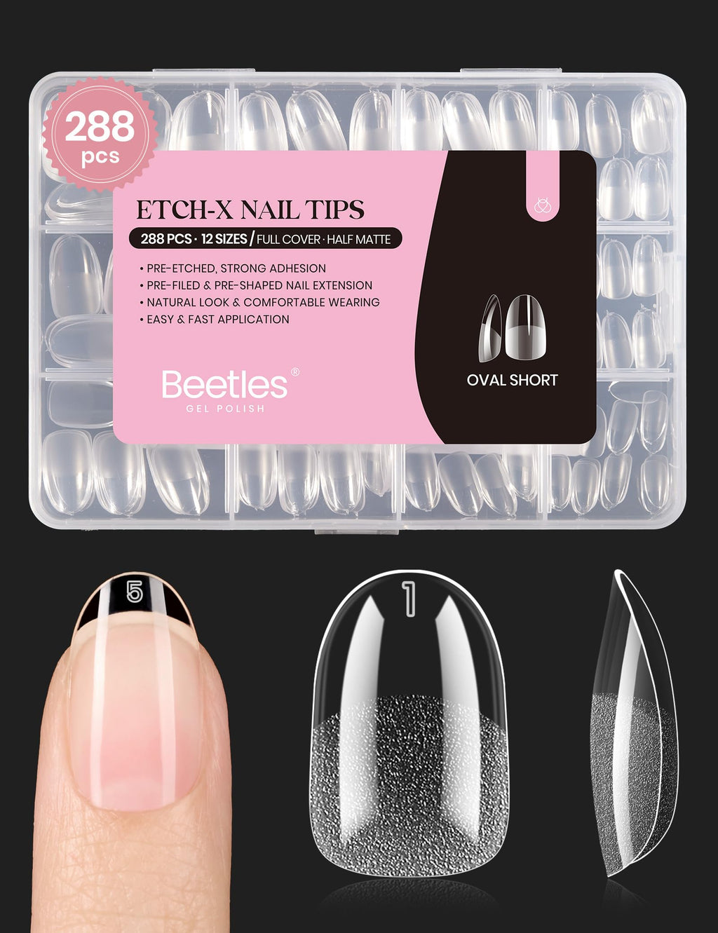 Beetles Soft Gel Nail Tips Short Almond 288pcs in 12 Sizes Etch-X | Pre-Etched Full Cover Acrylic Fake Nails, Salon Quality Nail Supplies, Easy DIY Extension Press On Nails, Gift for Women