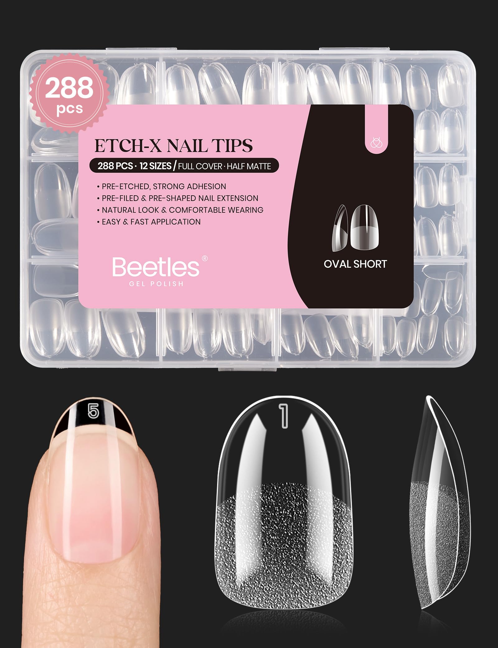 Beetles Soft Gel Nail Tips Short Almond 288pcs in 12 Sizes Etch-X | Pre-Etched Full Cover Acrylic Fake Nails, Salon Quality Nail Supplies, Easy DIY Extension Press On Nails, Gift for Women