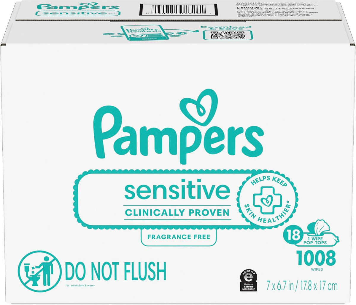 Pampers Sensitive Baby Wipes, Clinically Proven, Fragrance Free, Unscented, Water Based, Hypoallergenic, Multi-Use, Hand Wipes 1008 Wipes Total (18X Flip-Top Packs) [Packaging May Vary]