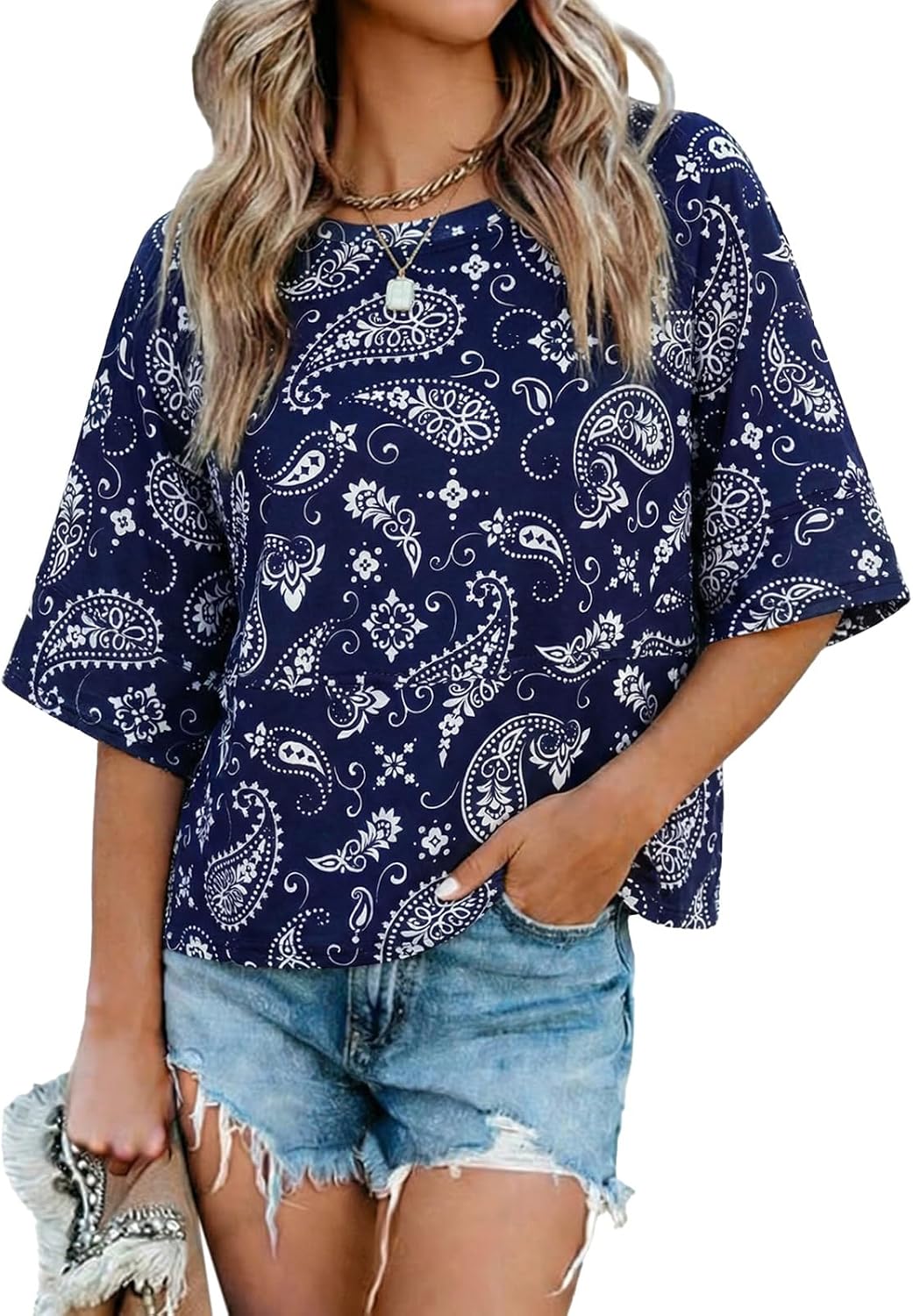Sovelen Women's Summer Casual T-Shirts Loose Fit Crewneck 3/4 Sleeve Tops