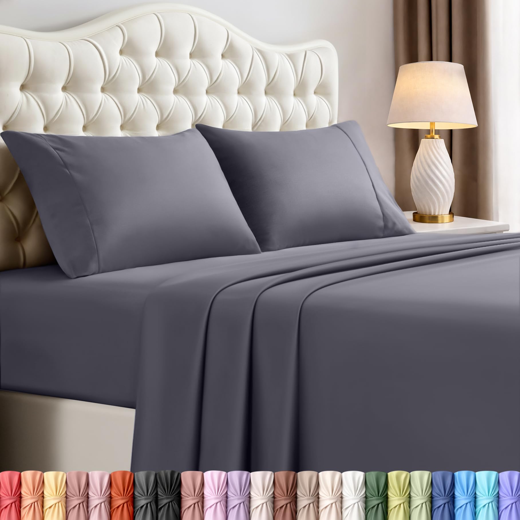 Queen Sheets Set, 4 Pieces 16" Deep Pocket Hotel Luxury Bed Sheets, Grey | Extra Soft Bedsheet Set, Comfy & Breathable Cooling Sheets, Wrinkle & Fade Resistant, Fitted Sheet, Flat Sheet, 2 Pillowcases