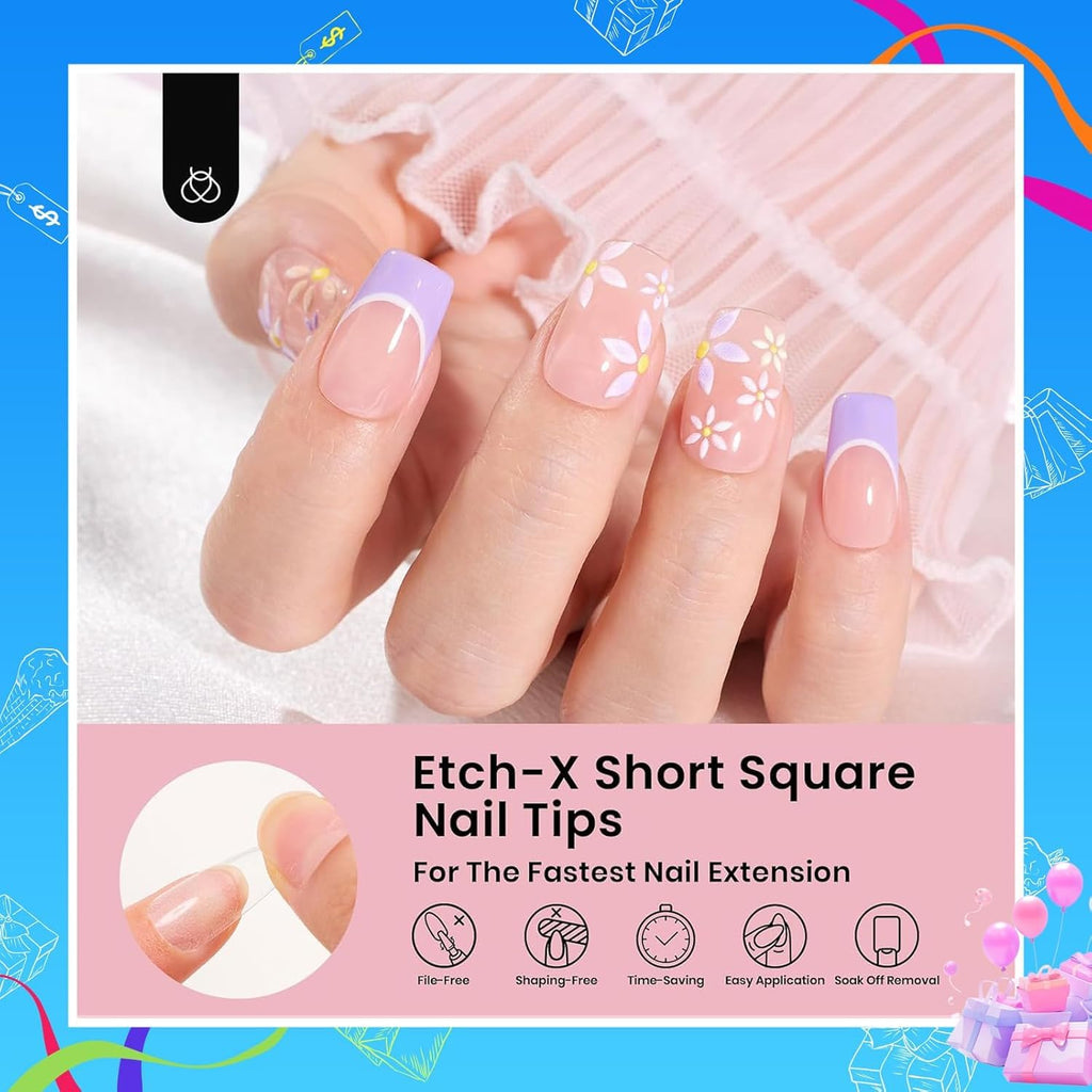 Beetles Soft Gel Nail Tips Short Almond 288pcs in 12 Sizes Etch-X | Pre-Etched Full Cover Acrylic Fake Nails, Salon Quality Nail Supplies, Easy DIY Extension Press On Nails, Gift for Women