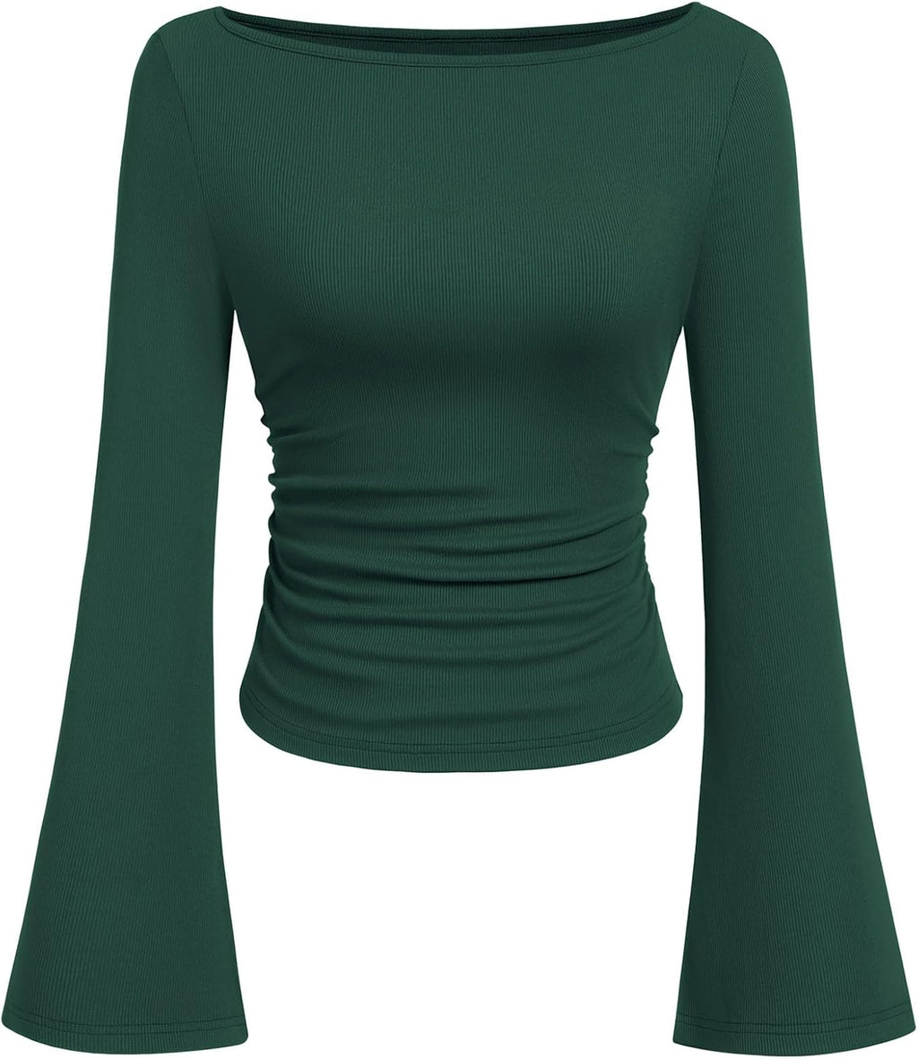 PRETTYGARDEN Womens Bell Long Sleeve Ribbed Knit Tops