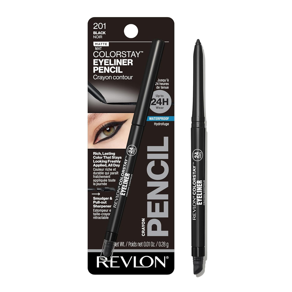 Revlon ColorStay Pencil Waterproof Eyeliner, 201 Black, 2 pack | Waterproof pencil eyeliner with built-in sharpener. Smudge-proof, long-lasting, intense matte color.