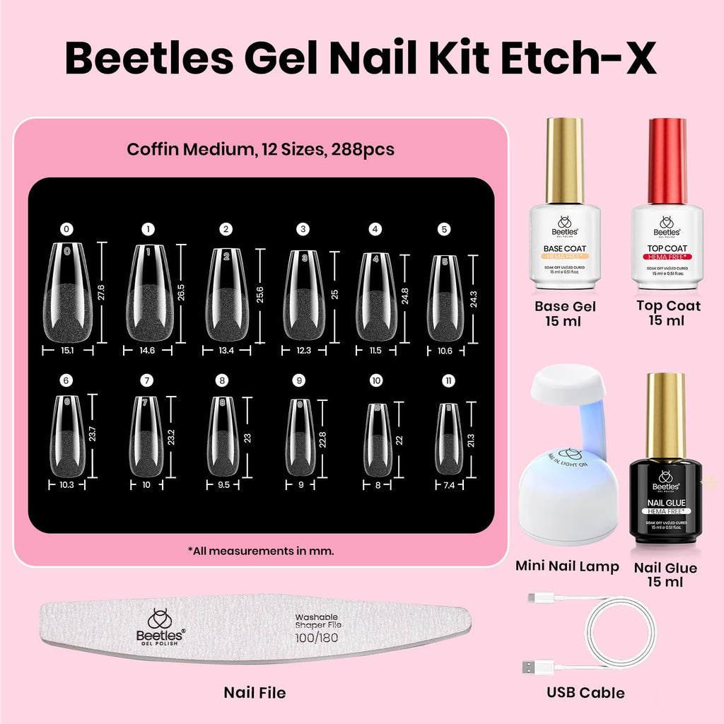 Beetles Soft Gel Nail Tips Short Almond 288pcs in 12 Sizes Etch-X | Pre-Etched Full Cover Acrylic Fake Nails, Salon Quality Nail Supplies, Easy DIY Extension Press On Nails, Gift for Women