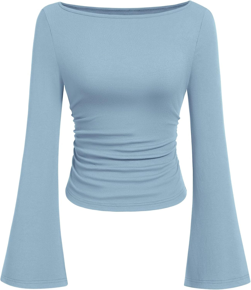 PRETTYGARDEN Womens Bell Long Sleeve Ribbed Knit Tops