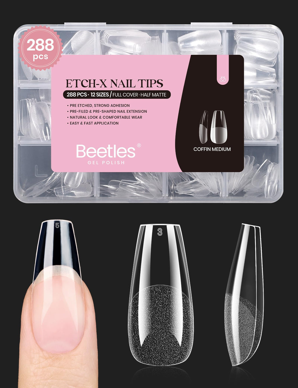 Beetles Soft Gel Nail Tips Short Almond 288pcs in 12 Sizes Etch-X | Pre-Etched Full Cover Acrylic Fake Nails, Salon Quality Nail Supplies, Easy DIY Extension Press On Nails, Gift for Women
