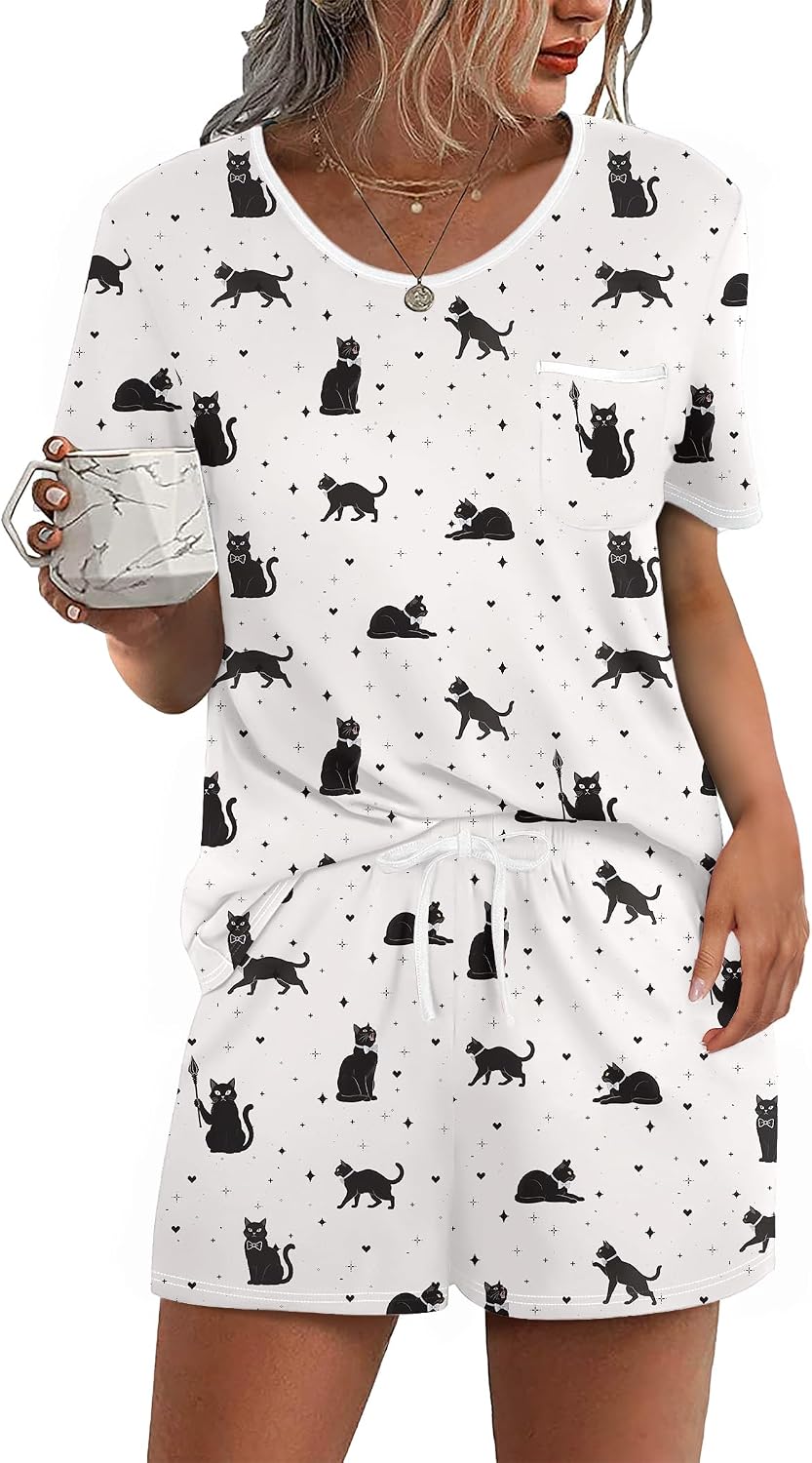 Ekouaer Pajamas for Womens Set 2 Piece Soft Sleepwear, Chest Pocket | Comfy Pjs, Casual Lounge Set, Short Sleeve Tops and Drawstring Shorts, Loungewear for Spring Summer Fall Winter