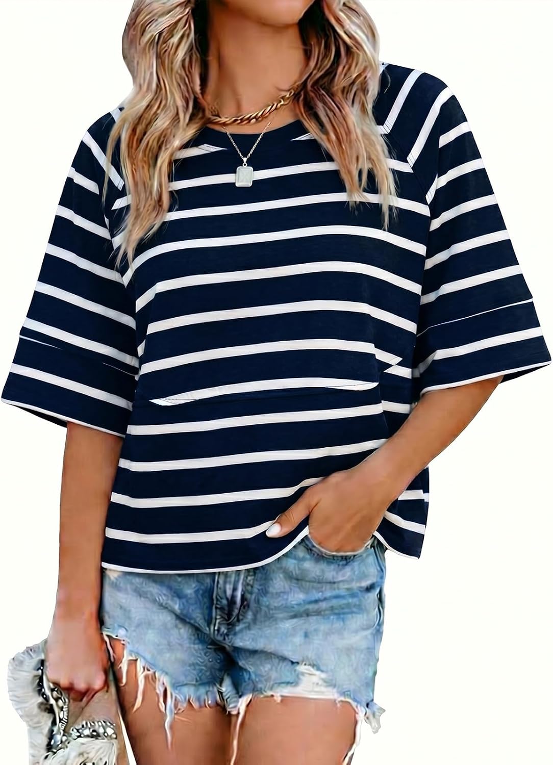 Sovelen Women's Summer Casual T-Shirts Loose Fit Crewneck 3/4 Sleeve Tops