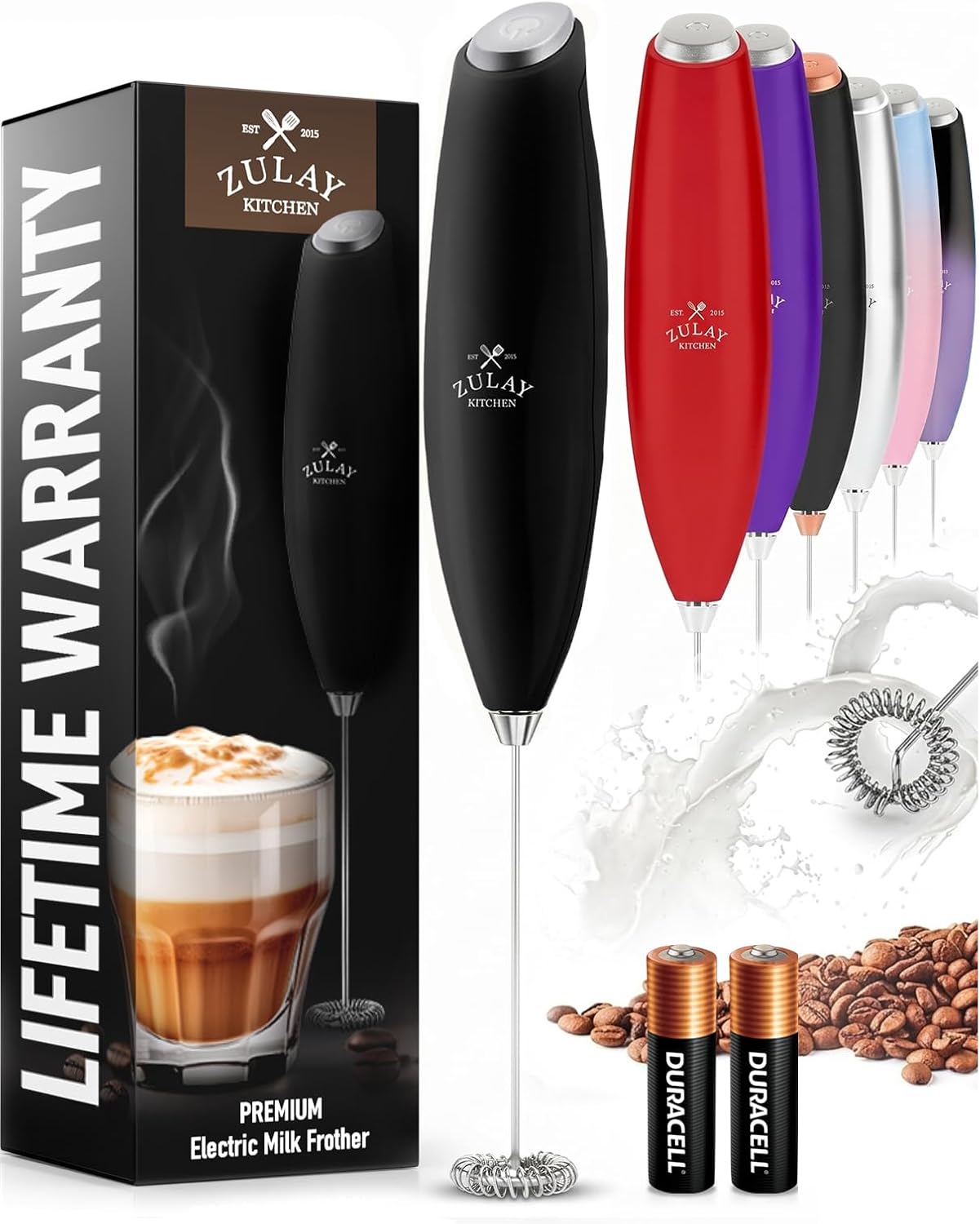 Zulay Kitchen Powerful Milk Frother Wand With Duracell Batteries - Ultra Fast Handheld Drink Mixer - Electric Whisk Foam Maker for Coffee, Lattes, Cappuccino & Matcha - Triple Whisk - Pale Cloud