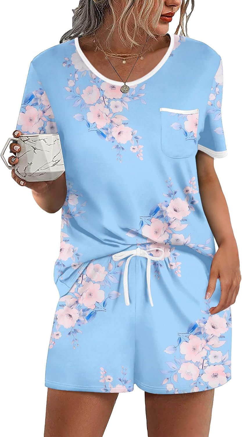 Ekouaer Pajamas for Womens Set 2 Piece Soft Sleepwear, Chest Pocket | Comfy Pjs, Casual Lounge Set, Short Sleeve Tops and Drawstring Shorts, Loungewear for Spring Summer Fall Winter