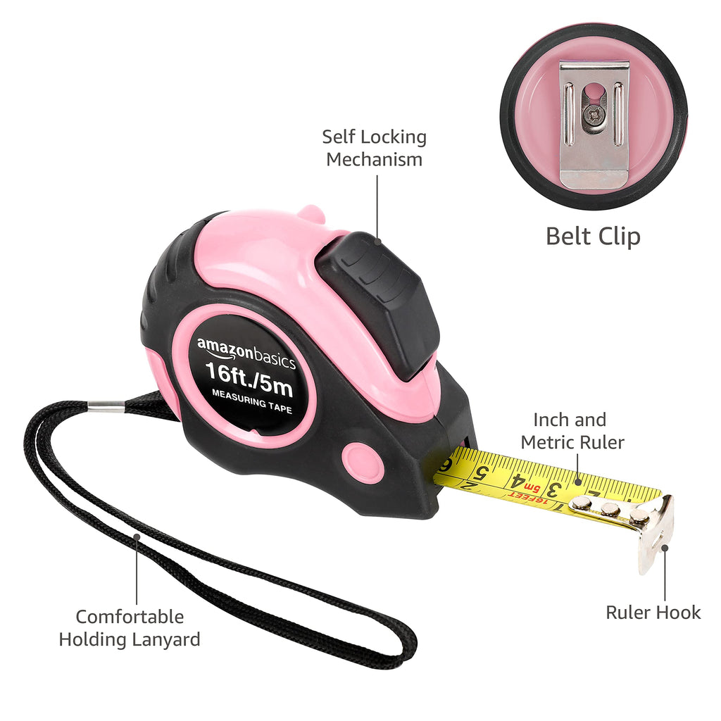 Amazon Basics Retractable Tape Measure with Metric and SAE Measurements, 16 ft / 192 in, Turquoise