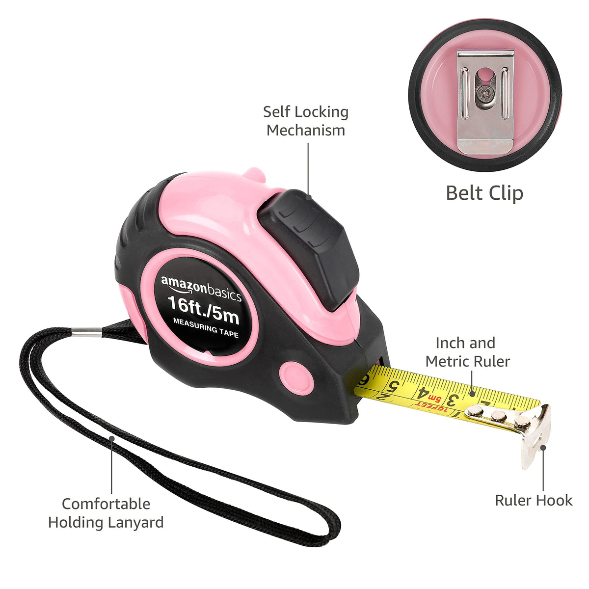 Amazon Basics Retractable Tape Measure with Metric and SAE Measurements, 16 ft / 192 in, Turquoise