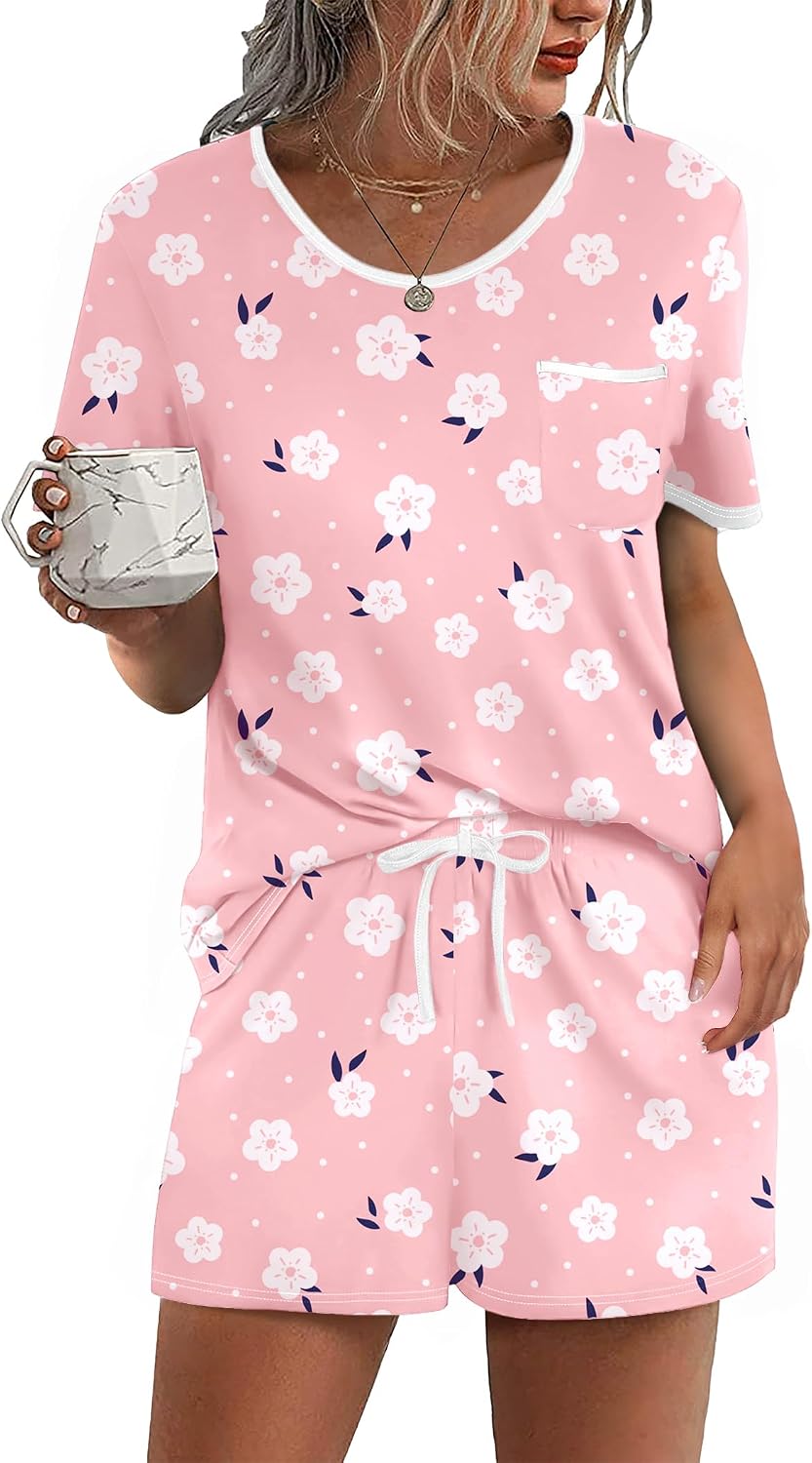 Ekouaer Pajamas for Womens Set 2 Piece Soft Sleepwear, Chest Pocket | Comfy Pjs, Casual Lounge Set, Short Sleeve Tops and Drawstring Shorts, Loungewear for Spring Summer Fall Winter