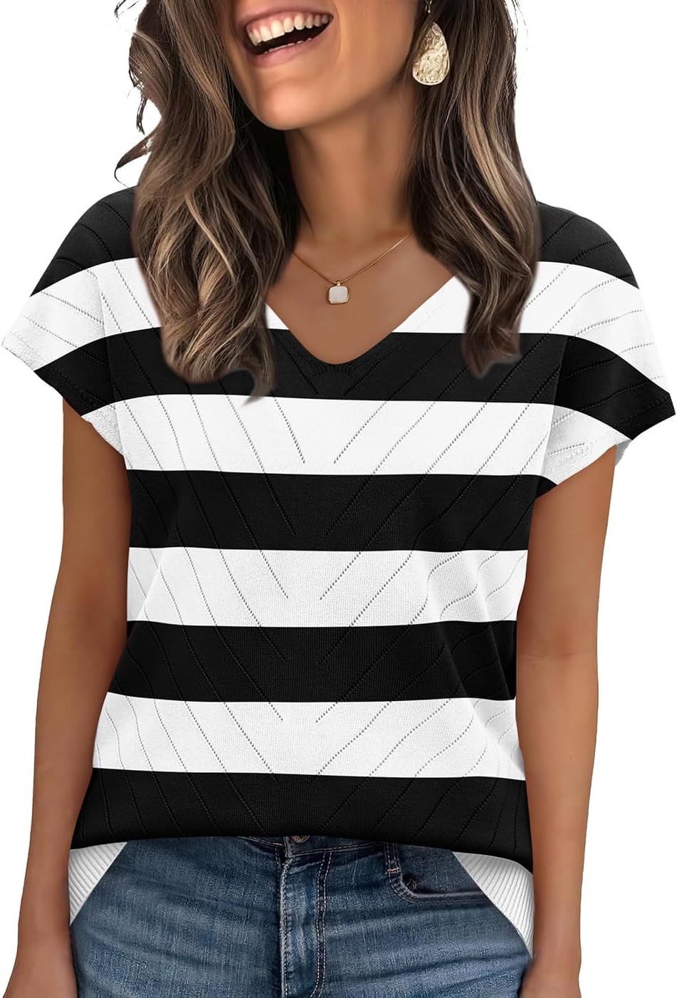 WIHOLL Short Sleeve Sweater for Women V Neck Trendy Summer Tops 2026 Beach Vacation Clothes Travel Business Casual Outfits