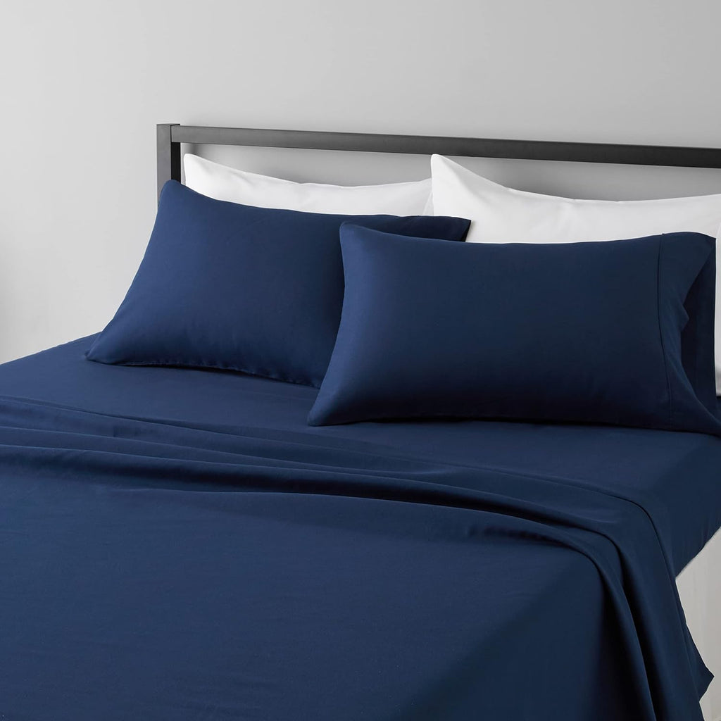 Amazon Basics Lightweight Super Soft Breathable Wrinkle-Resistant Microfiber 4-Piece Bed Sheet Set with 14-Inch Deep Pockets, Queen, Bright White, Solid