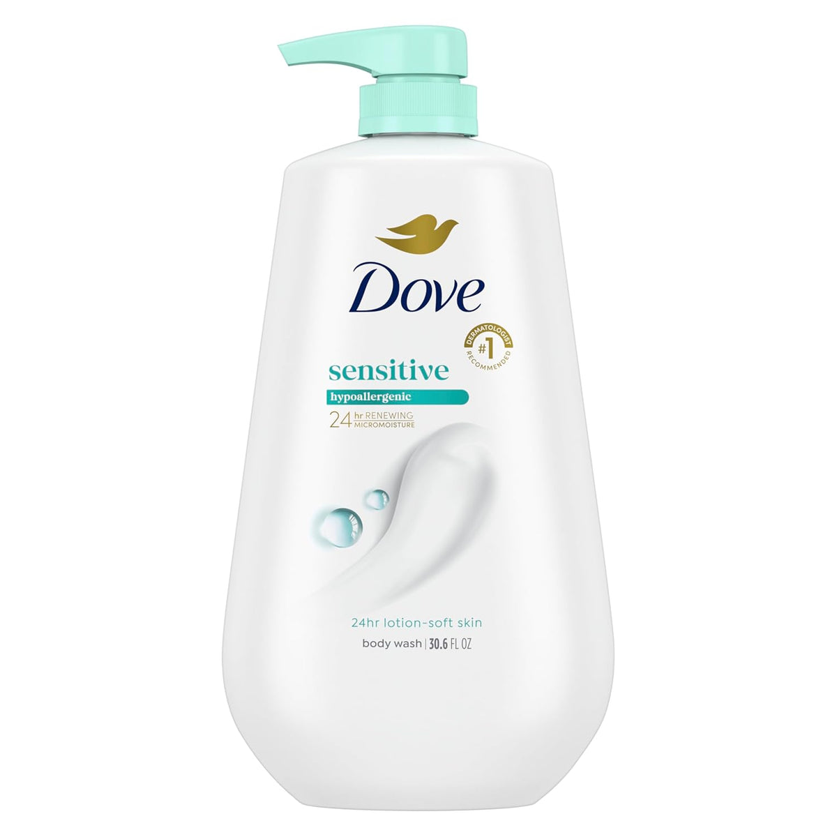 Dove Sensitive Skin Body Wash, 24hr Lotion-Soft Skin, 30.6 oz | Hypoallergenic body wash with MicroMoisture technology for 24-hour hydration and soft skin