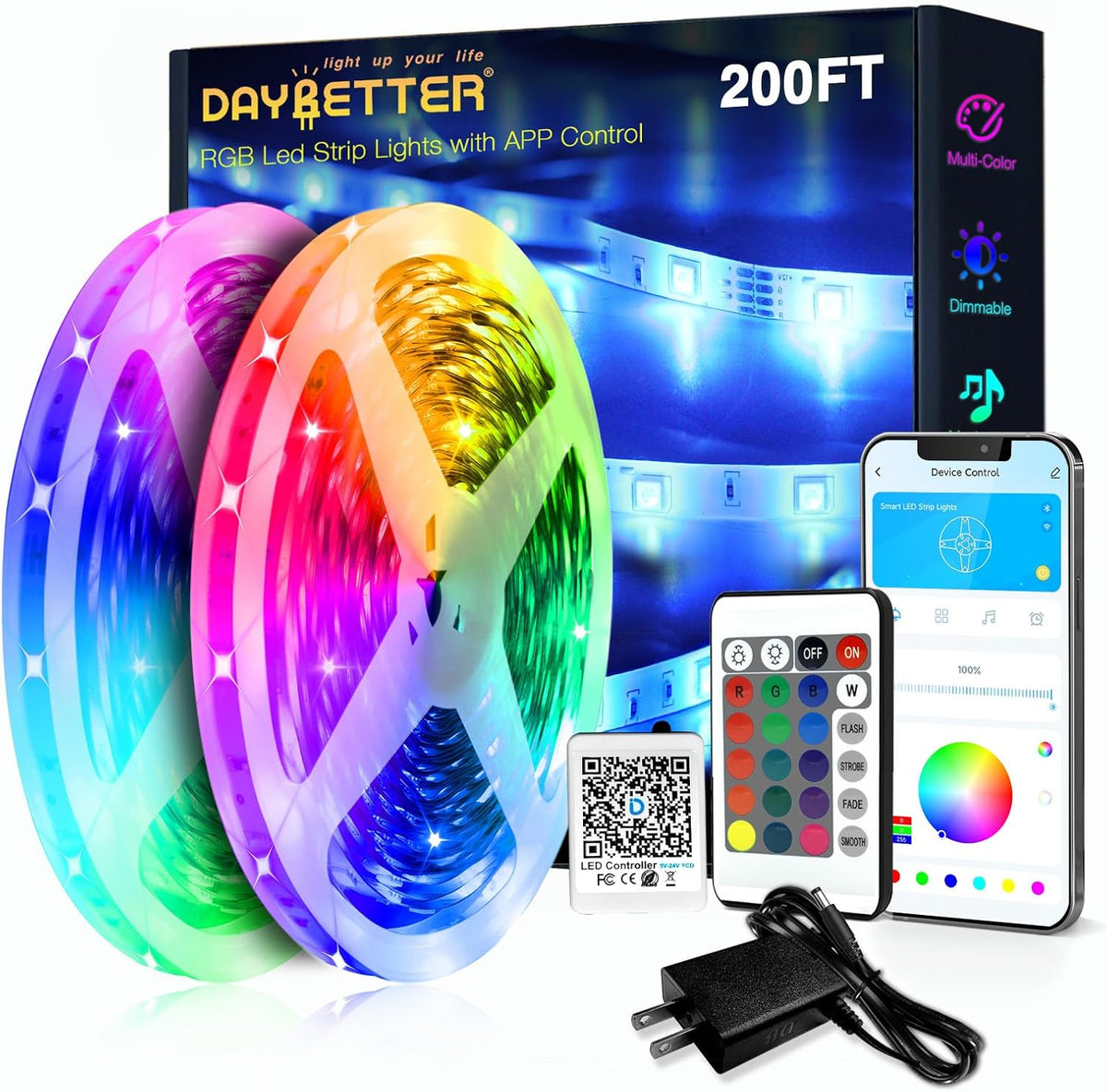 DAYBETTER LED Lights for Bedroom 132ft (2 Rolls of 65.6ft), Music Sync Color Changing Strip Lights with Remote, 24V Power Supply, Classroom Lighting, Room Decor for Teen Girls Boys Birthday Gifts