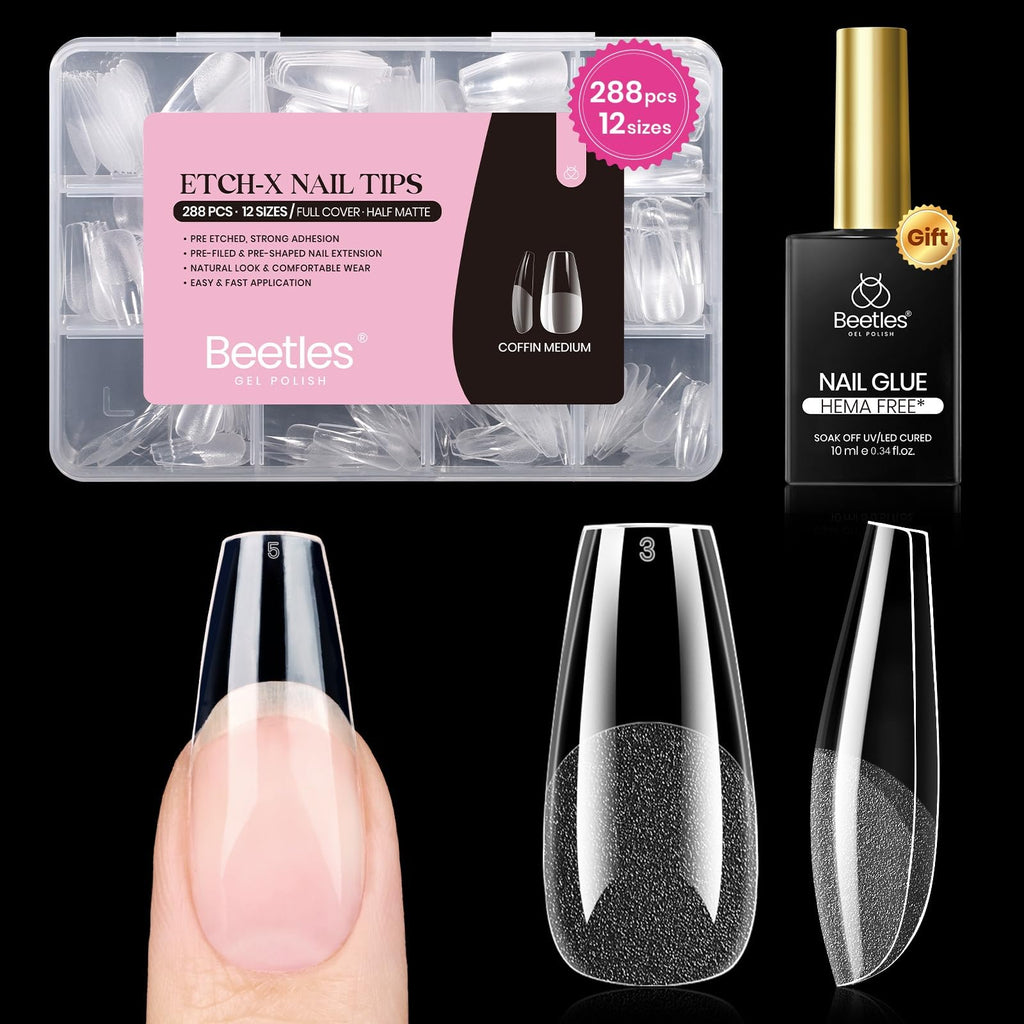 Beetles Soft Gel Nail Tips Short Almond 288pcs in 12 Sizes Etch-X | Pre-Etched Full Cover Acrylic Fake Nails, Salon Quality Nail Supplies, Easy DIY Extension Press On Nails, Gift for Women