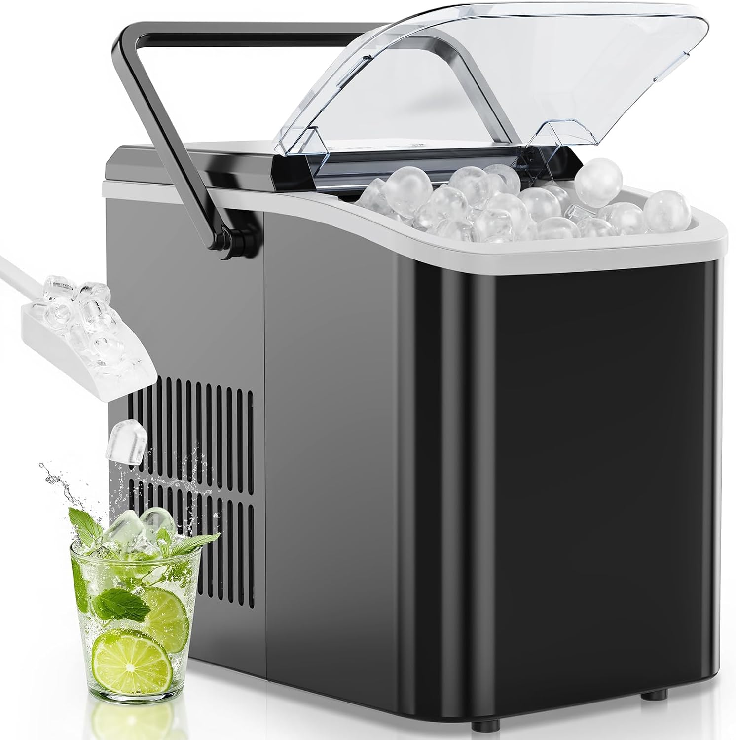 OLIXIS Countertop Ice Maker Machine with Handle, Auto-Cleaning Portable Ice Maker with Basket & Scoop, 26lbs in 24Hrs & 9 Cubes in 6 Mins, 2 Cube Sizes, for Home Party Camping RV, Black