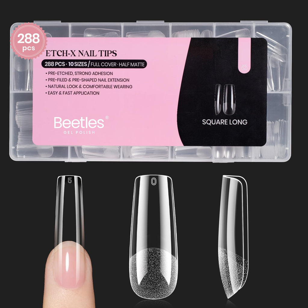 Beetles Soft Gel Nail Tips Short Almond 288pcs in 12 Sizes Etch-X | Pre-Etched Full Cover Acrylic Fake Nails, Salon Quality Nail Supplies, Easy DIY Extension Press On Nails, Gift for Women