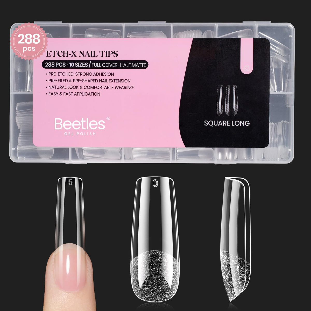 Beetles Soft Gel Nail Tips Short Almond 288pcs in 12 Sizes Etch-X | Pre-Etched Full Cover Acrylic Fake Nails, Salon Quality Nail Supplies, Easy DIY Extension Press On Nails, Gift for Women