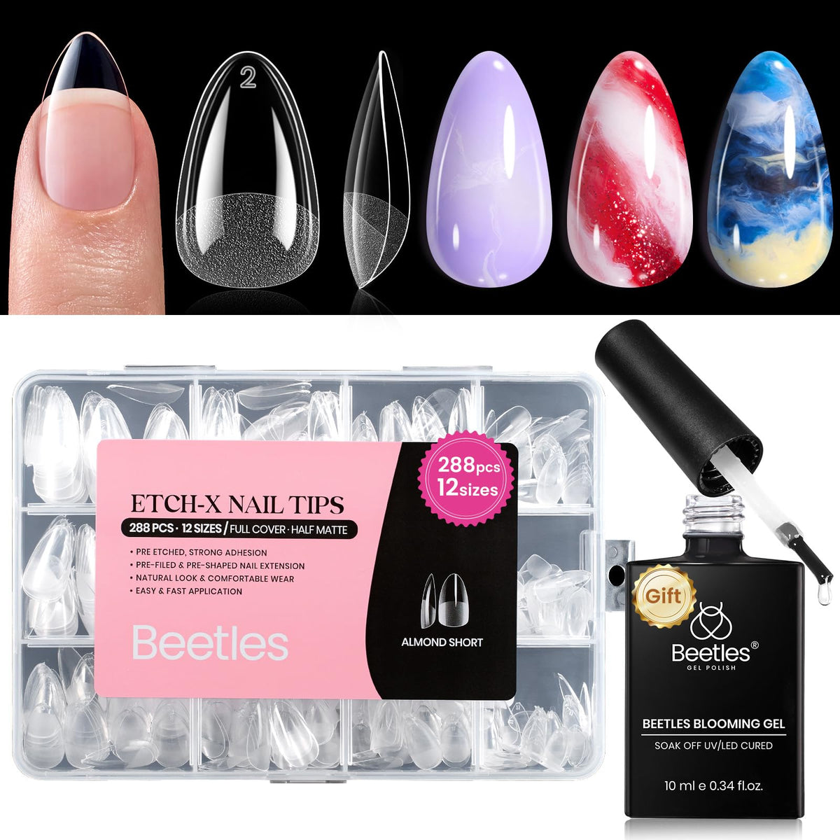 Beetles Soft Gel Nail Tips Short Almond 288pcs in 12 Sizes Etch-X | Pre-Etched Full Cover Acrylic Fake Nails, Salon Quality Nail Supplies, Easy DIY Extension Press On Nails, Gift for Women