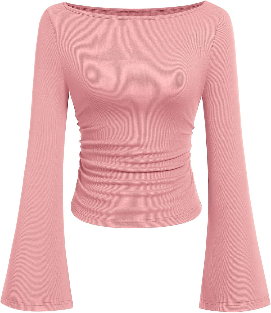 PRETTYGARDEN Womens Bell Long Sleeve Ribbed Knit Tops