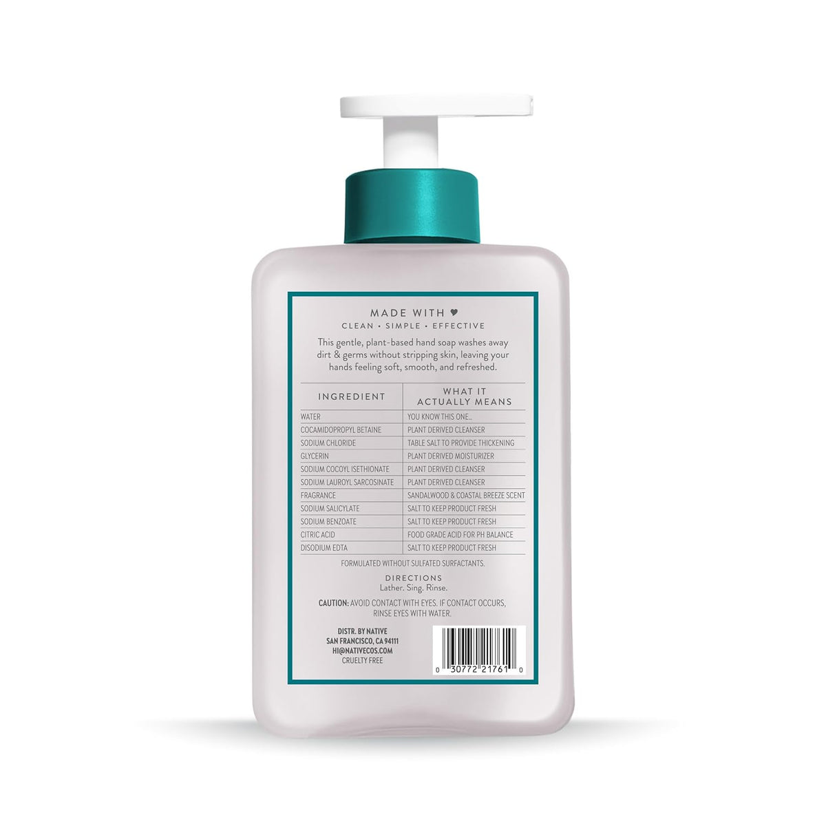 Native Liquid Hand Soap, Sandalwood & Coastal Breeze Scent, Non-Drying Formula for Soft, Smooth Hands, Made with Plant-Based Cleansers, Sulfate & Paraben Free, 13 oz Bottle