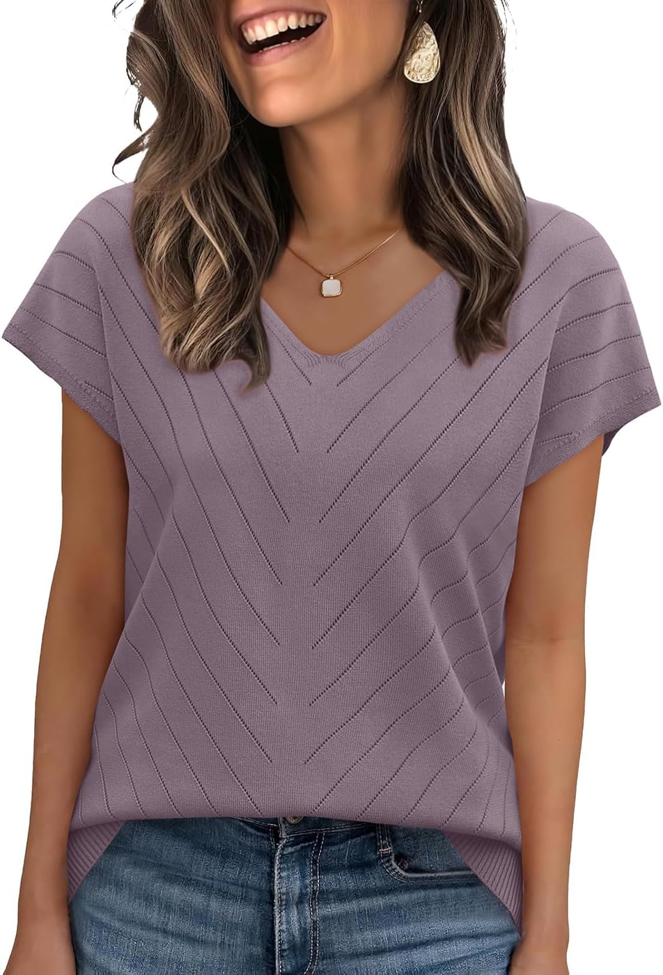 WIHOLL Short Sleeve Sweater for Women V Neck Trendy Summer Tops 2026 Beach Vacation Clothes Travel Business Casual Outfits