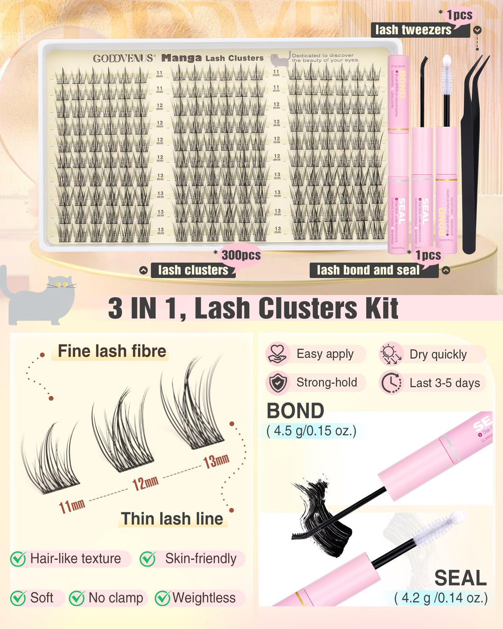 Goddvenus Lash Clusters Kit Wispy Eyelash Clusters Lashes Natural DIY Lash Extension Kit 10-16mm Cluster Eyelash Extensions Kit 300pcs C Curl Individual Lashes Cluster Eyelash (No Tweezers)
