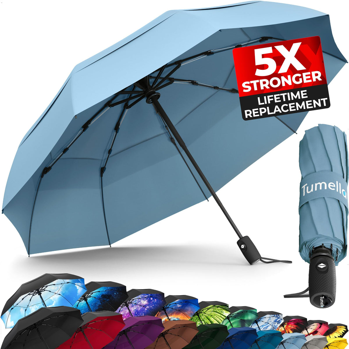 TUMELLA Strongest Windproof Travel Umbrella (Compact, 100MPH Wind-Tested), Light, Portable, One-Handed Use, Automatic Folding Rain Umbrella, Durable, Premium Grip, Fits Car & Backpack