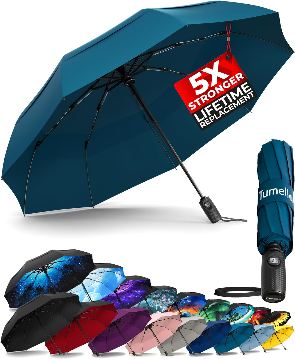 TUMELLA Strongest Windproof Travel Umbrella (Compact, 100MPH Wind-Tested), Light, Portable, One-Handed Use, Automatic Folding Rain Umbrella, Durable, Premium Grip, Fits Car & Backpack