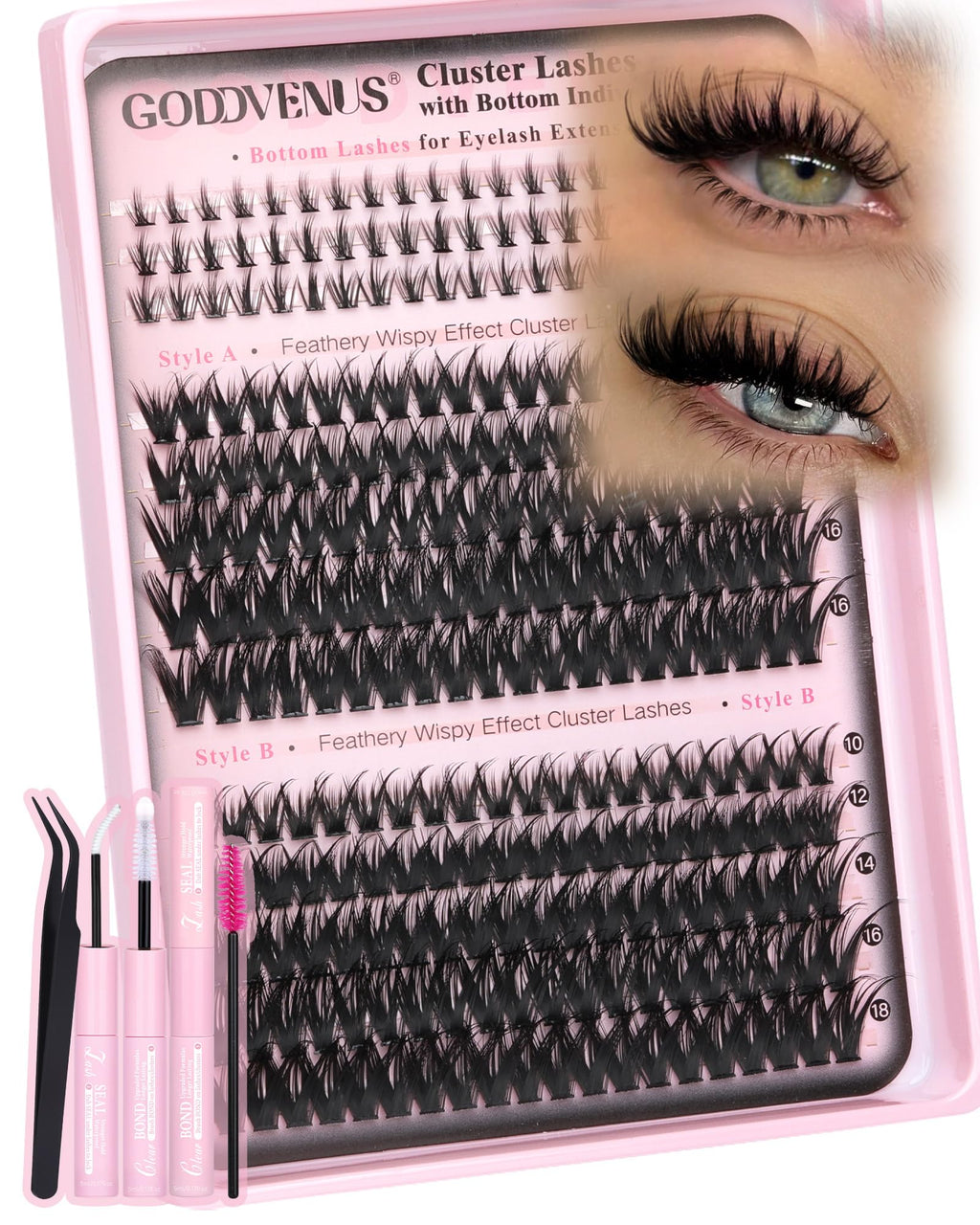 Goddvenus Lash Clusters Kit Wispy Eyelash Clusters Lashes Natural DIY Lash Extension Kit 10-16mm Cluster Eyelash Extensions Kit 300pcs C Curl Individual Lashes Cluster Eyelash (No Tweezers)