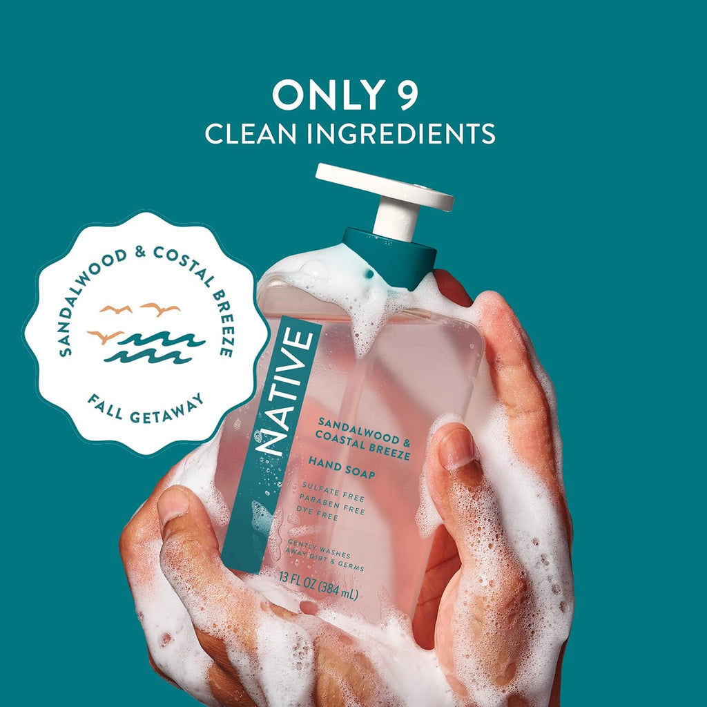 Native Liquid Hand Soap, Sandalwood & Coastal Breeze Scent, Non-Drying Formula for Soft, Smooth Hands, Made with Plant-Based Cleansers, Sulfate & Paraben Free, 13 oz Bottle